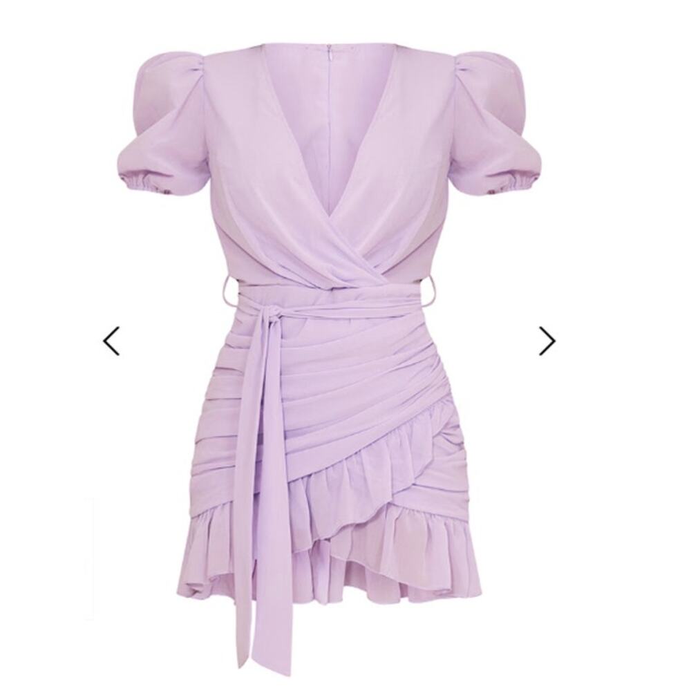 NWT PrettyLittleThing Lilac Puff Sleeve Wrap Mini Dress Size 4 Ruffle Hem - Picture 3 of 6